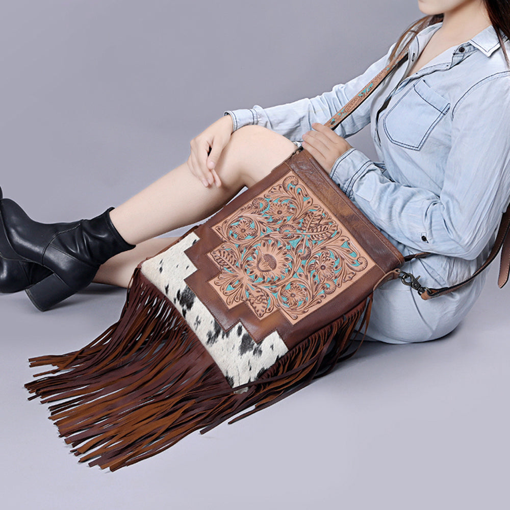ADBG256 Tooled Leather & Cowhide Fringe Messenger Bag Western Boho Crossbody by American Darling