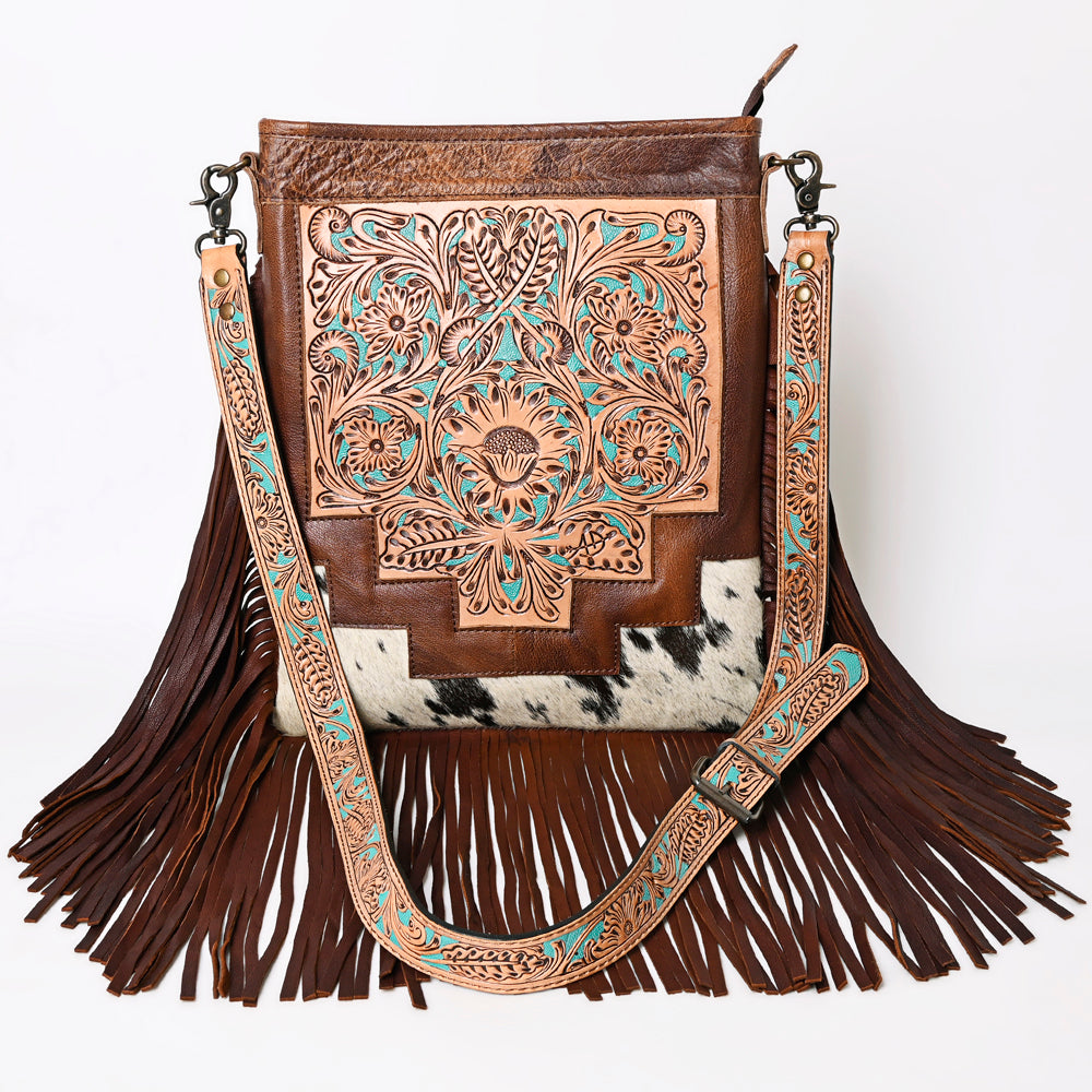 ADBG256 Tooled Leather & Cowhide Fringe Messenger Bag Western Boho Crossbody by American Darling
