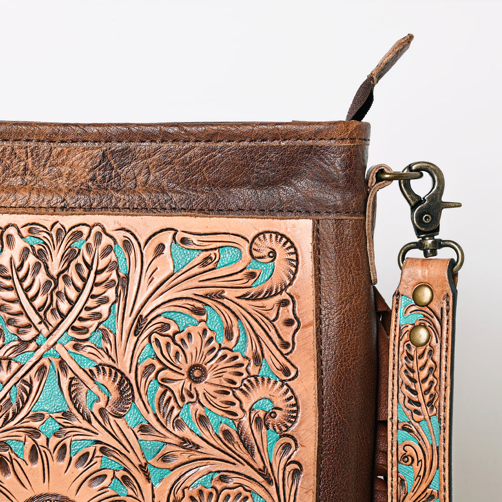 ADBG256 Tooled Leather & Cowhide Fringe Messenger Bag Western Boho Crossbody by American Darling