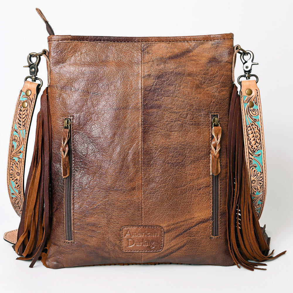 ADBG256 Tooled Leather & Cowhide Fringe Messenger Bag Western Boho Crossbody by American Darling
