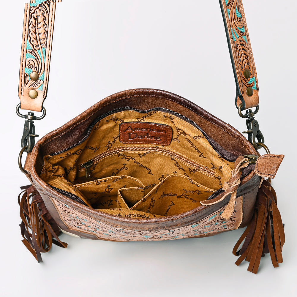 ADBG256 Tooled Leather & Cowhide Fringe Messenger Bag Western Boho Crossbody by American Darling