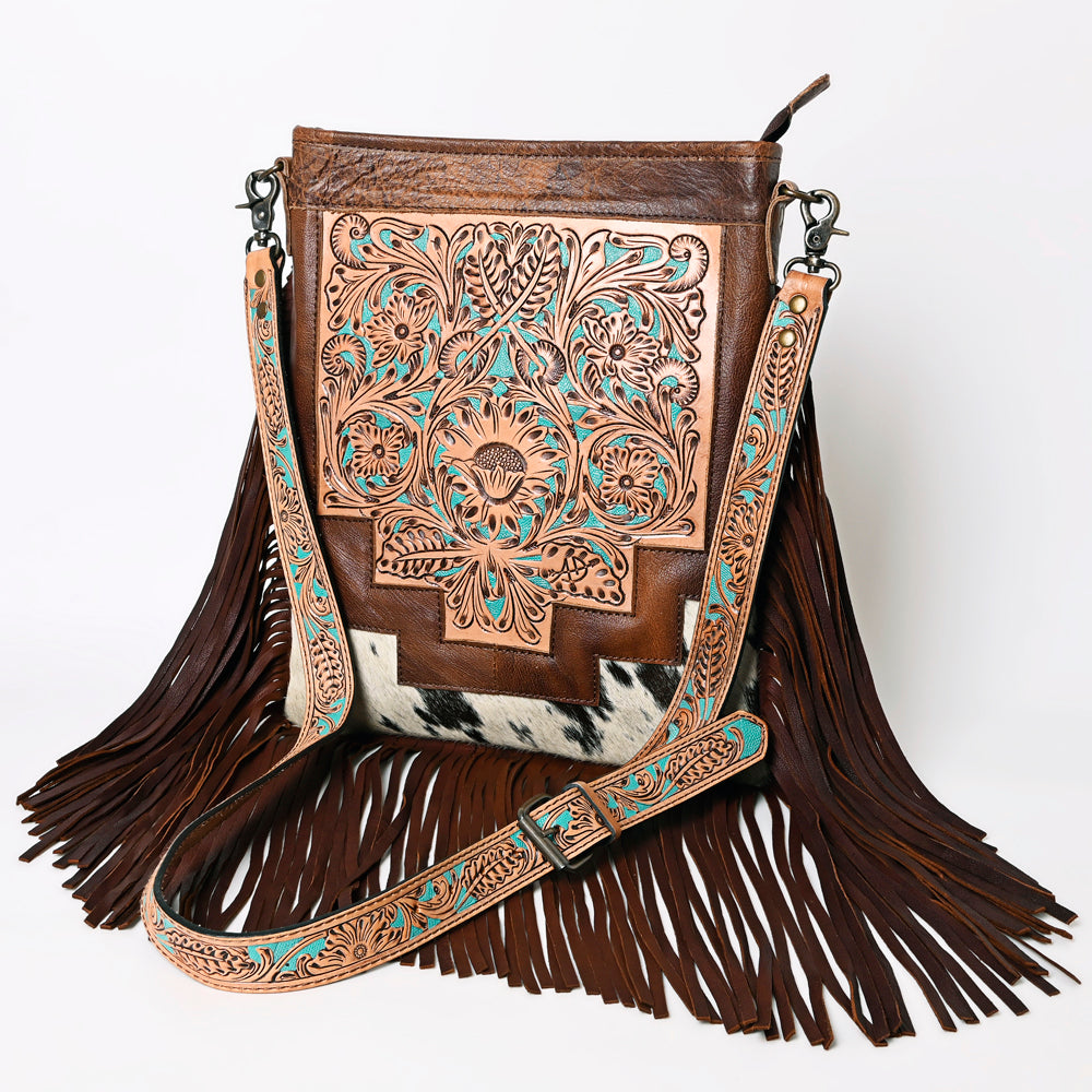 ADBG256 Tooled Leather & Cowhide Fringe Messenger Bag Western Boho Crossbody by American Darling