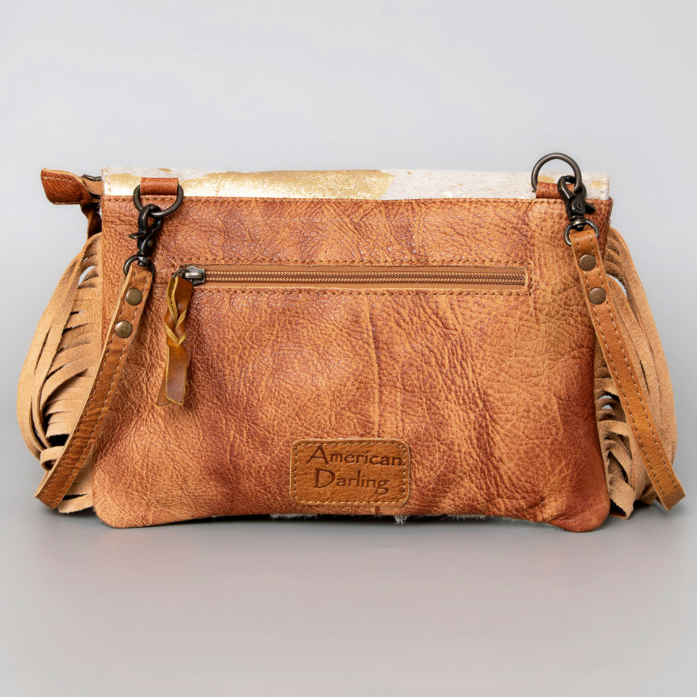 ADBG360 Hair-On Cowhide Crossbody Bag with Fringe and Tooled Leather Flap - Handmade Western Purse