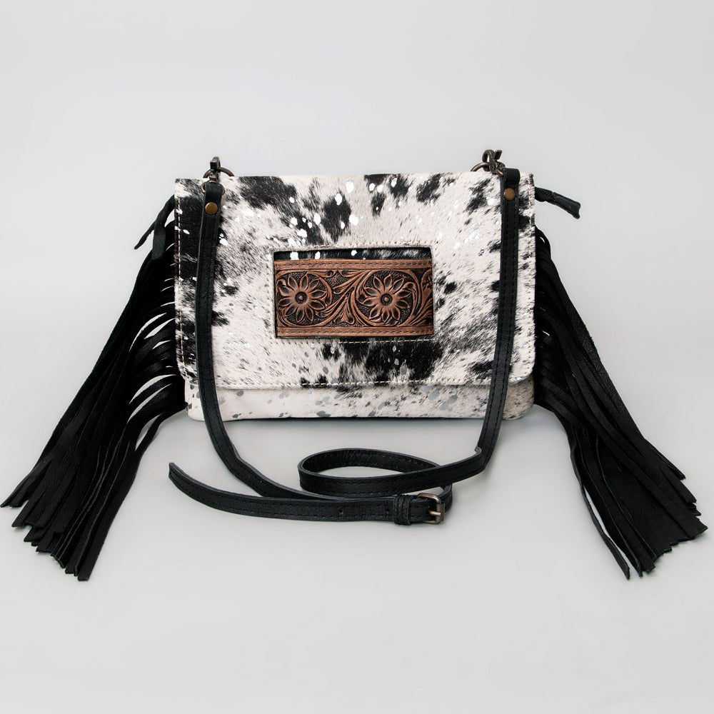 ADBG360 Hair-On Cowhide Crossbody Bag with Fringe and Tooled Leather Flap - Handmade Western Purse