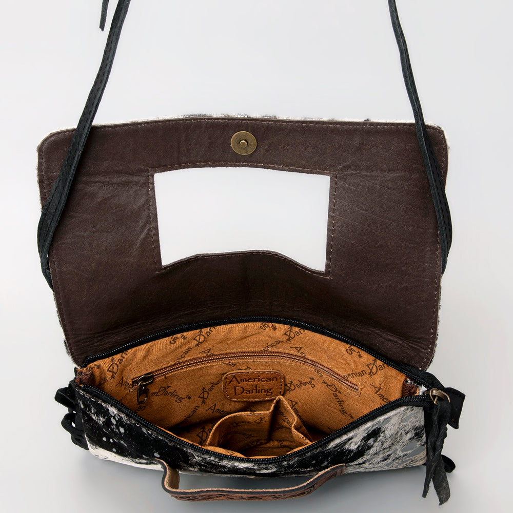 ADBG360 Hair-On Cowhide Crossbody Bag with Fringe and Tooled Leather Flap - Handmade Western Purse