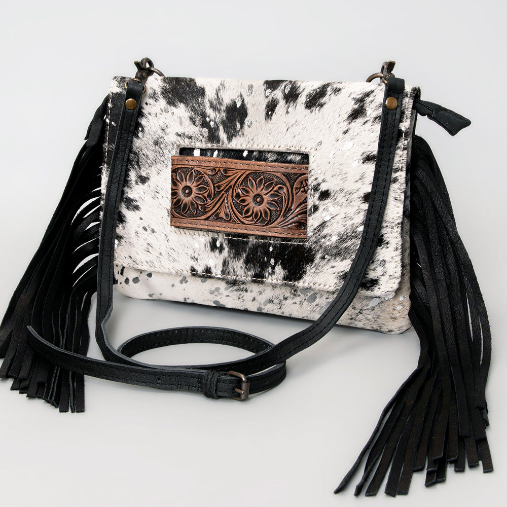 ADBG360 Hair-On Cowhide Crossbody Bag with Fringe and Tooled Leather Flap - Handmade Western Purse