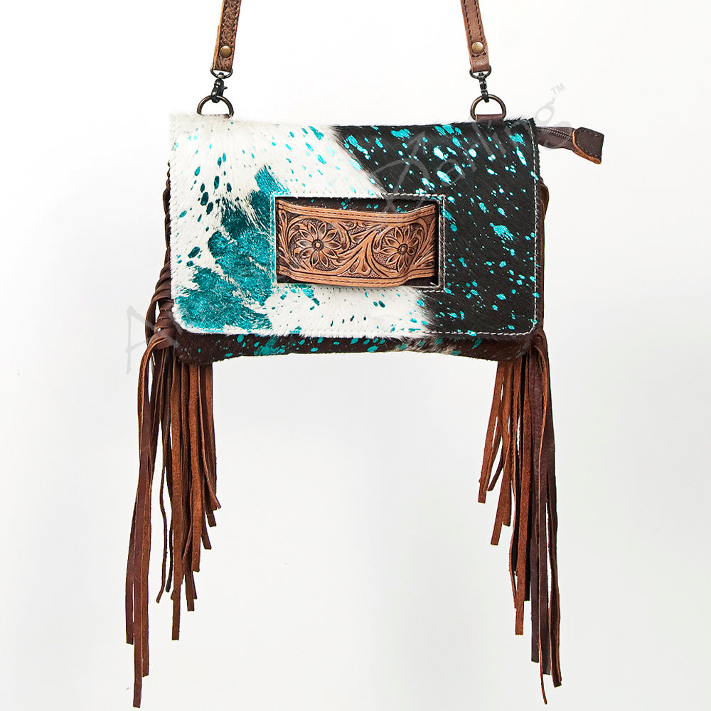 ADBG360 Hair-On Cowhide Crossbody Bag with Fringe and Tooled Leather Flap - Handmade Western Purse