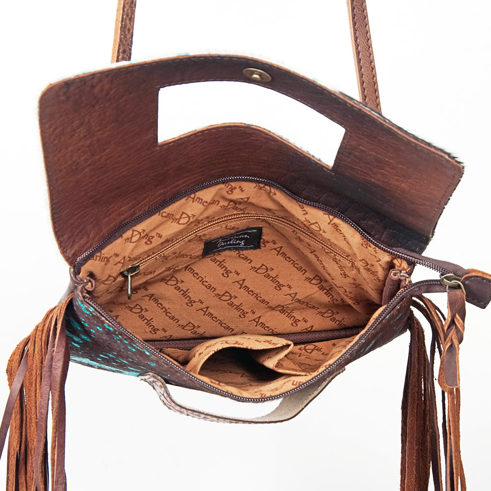 ADBG360 Hair-On Cowhide Crossbody Bag with Fringe and Tooled Leather Flap - Handmade Western Purse