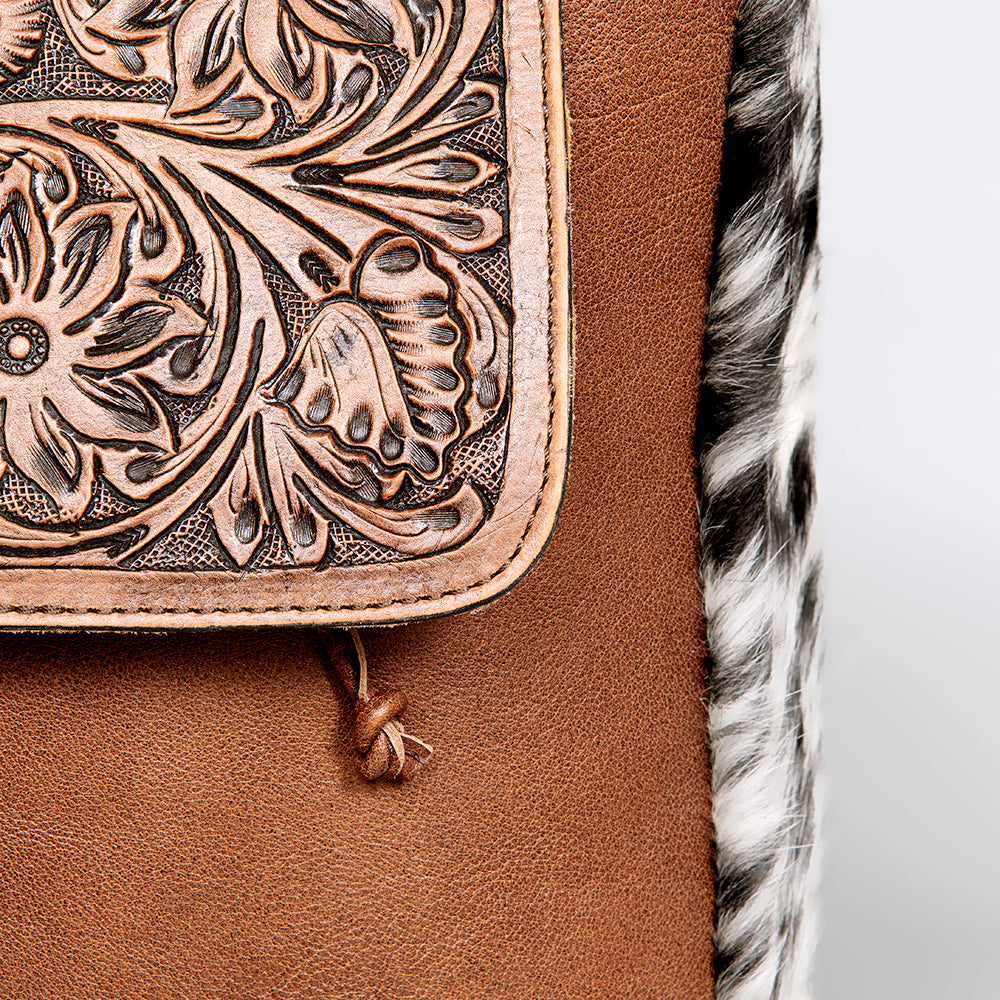 ADBG363 Tooled Leather Cowhide Backpack with Floral Flap & Hair-On Sides