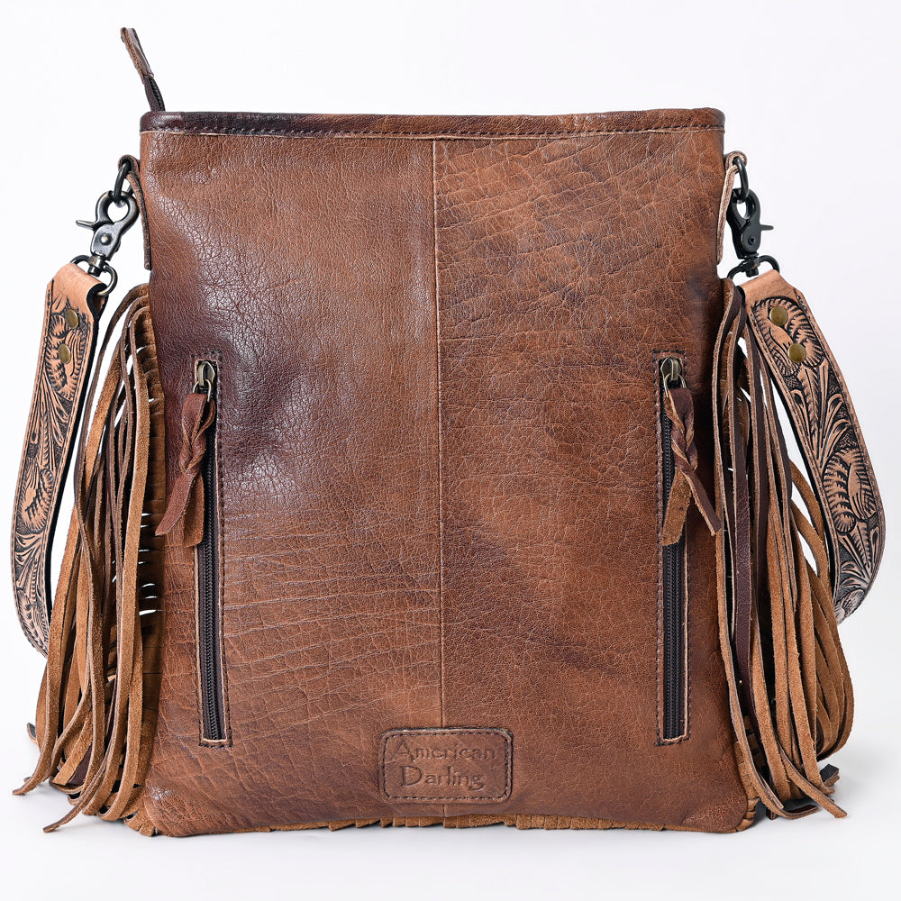 ADBG256 Tooled Leather & Cowhide Fringe Messenger Bag Western Boho Crossbody by American Darling