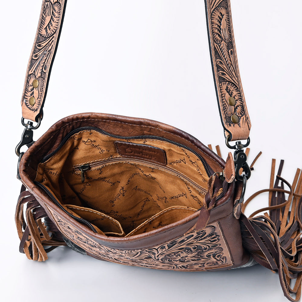 ADBG256 Tooled Leather & Cowhide Fringe Messenger Bag Western Boho Crossbody by American Darling