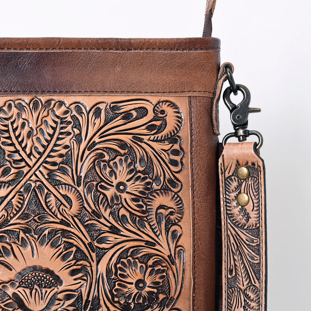 ADBG256 Tooled Leather & Cowhide Fringe Messenger Bag Western Boho Crossbody by American Darling