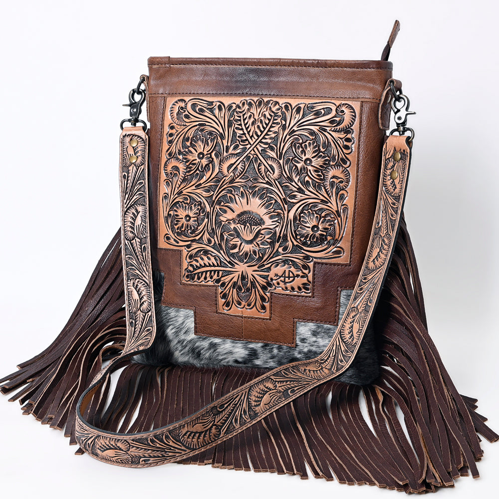 ADBG256 Tooled Leather & Cowhide Fringe Messenger Bag Western Boho Crossbody by American Darling