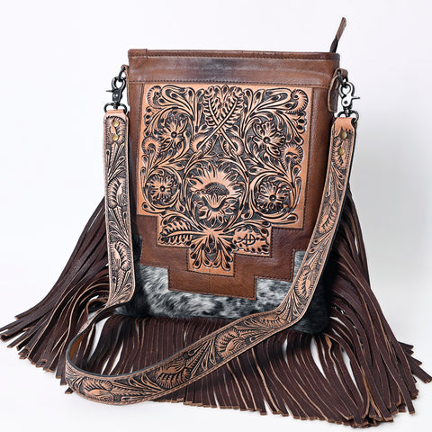 American Darling Messenger Bag - Hand Tooled Floral Leather & Hair-On Cowhide Purse