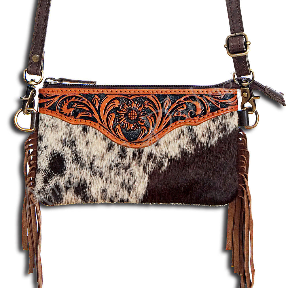 ADBG404 Cowhide Crossbody Bag with Tooled Leather Floral Yoke & Fringe