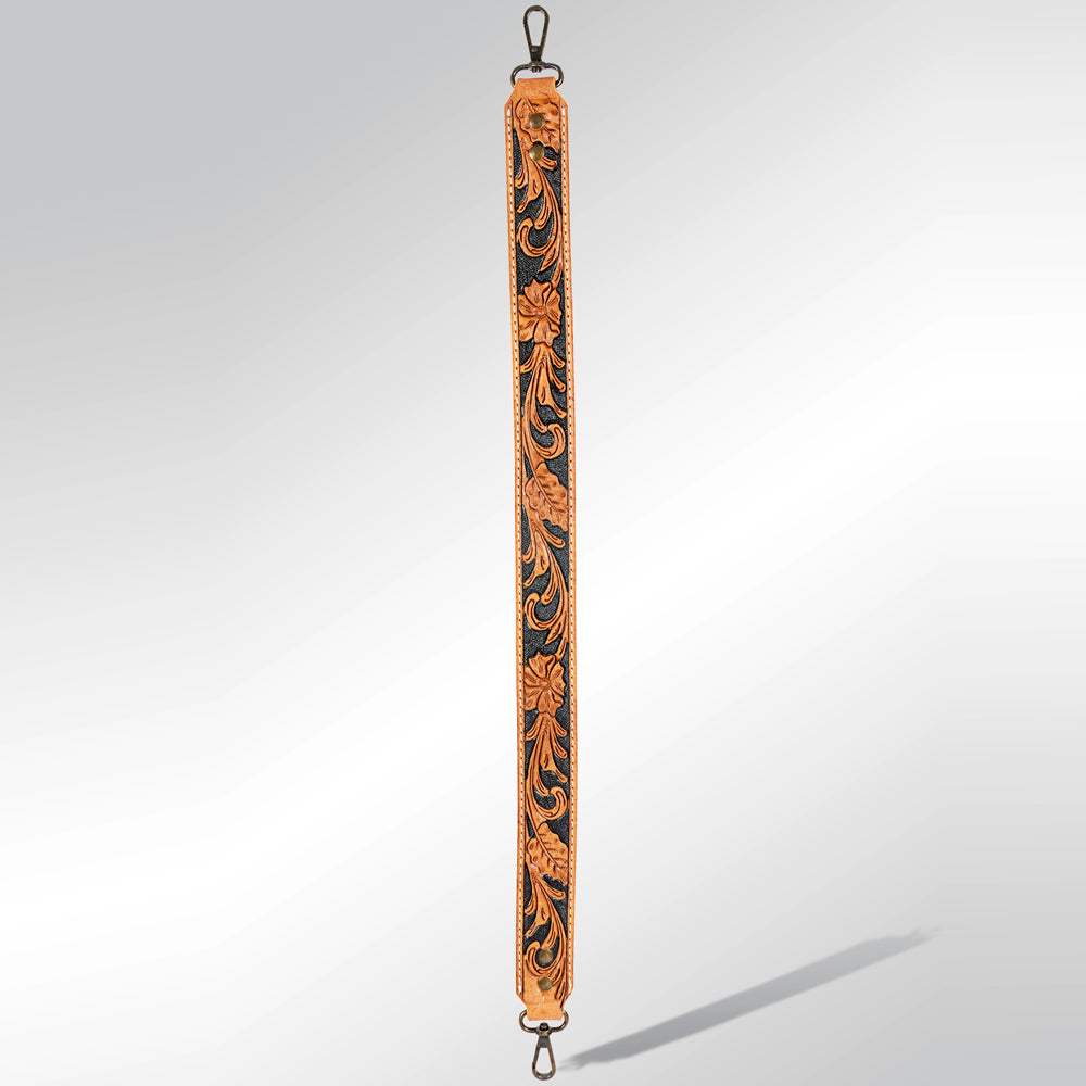 ADBT102 Tooled Leather Bag Strap - Floral Vine Design on Black