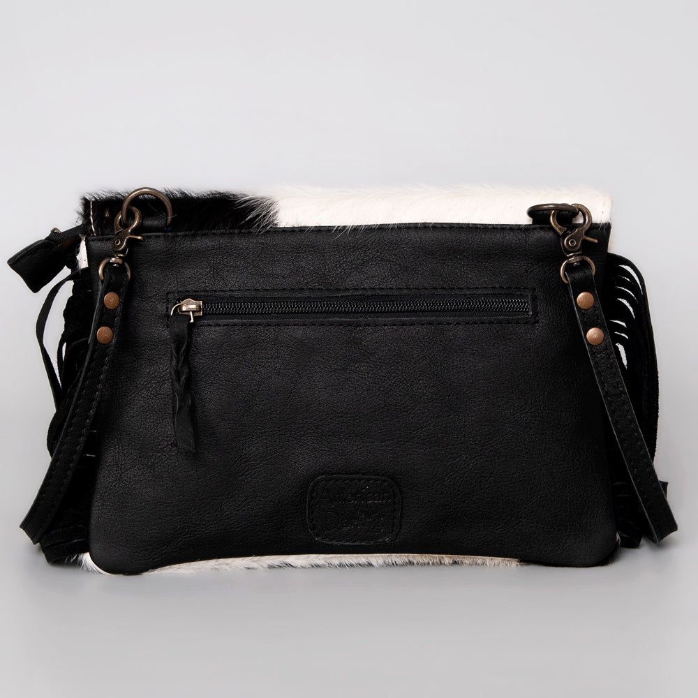 ADBG360BKW Spotted Deer Hair-On Leather Crossbody with Tooled Patch & Fringe Western Shoulder Bag