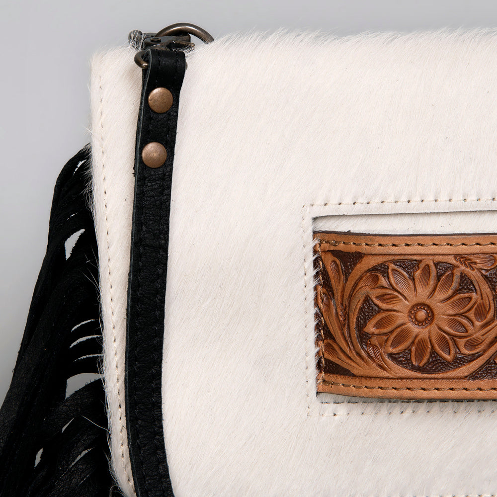 ADBG360BKW Spotted Deer Hair-On Leather Crossbody with Tooled Patch & Fringe Western Shoulder Bag