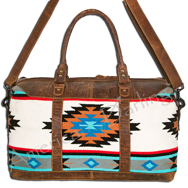 LC-ADBG460 Southwestern Wool & Leather Duffel Bag Handwoven Saddle Blanket Travel Tote