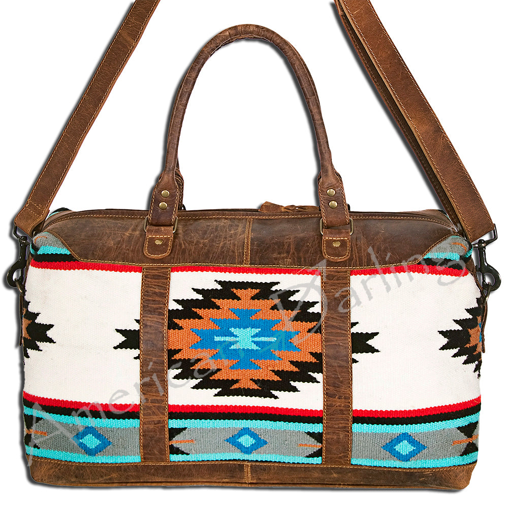 ADBG460 Southwestern Wool & Leather Duffel Bag Handwoven Saddle Blanket Travel Tote