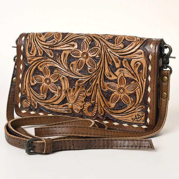 ADBG485 Western Floral Tooled Leather Organizer Bag Handmade Cowhide Wristlet by American Darling