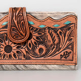 ADBG487 Tooled Leather & Hair-On Cowhide Wallet with Turquoise Inlay Floral Design