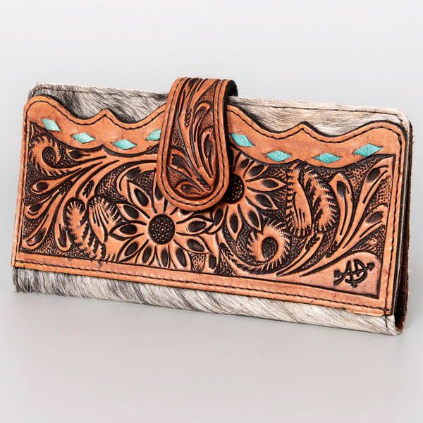 ADBG487 Tooled Leather & Hair-On Cowhide Wallet with Turquoise Inlay Floral Design