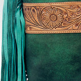 LC-ADBGZ121 Green Suede Fringe Crossbody Bag with Tooled Leather Strap