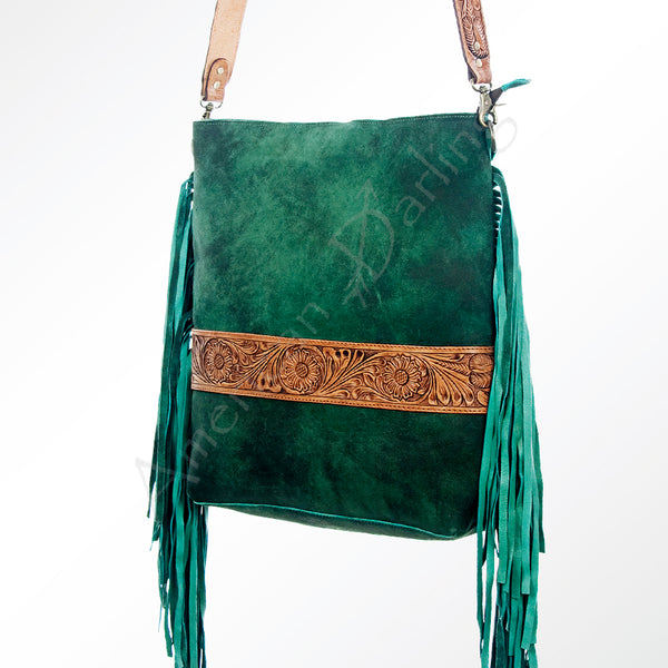 LC-ADBGZ121 Green Suede Fringe Crossbody Bag with Tooled Leather Strap