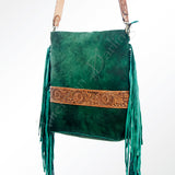 LC-ADBGZ121 Green Suede Fringe Crossbody Bag with Tooled Leather Strap