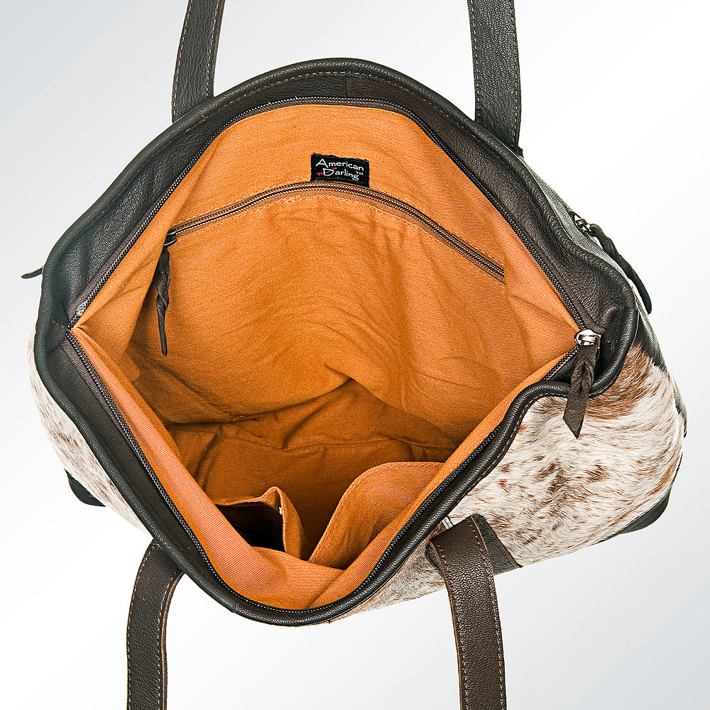 LC-ADBGS176DTAW Cowhide Leather Tote Bag - Brown & White Hair-On Western Shoulder Bag