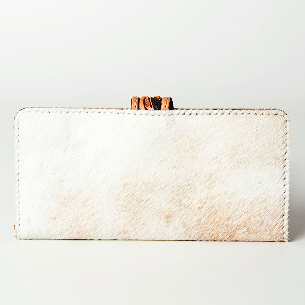 ADBG487 Tooled Leather & Hair-On Cowhide Wallet with Turquoise Inlay Floral Design