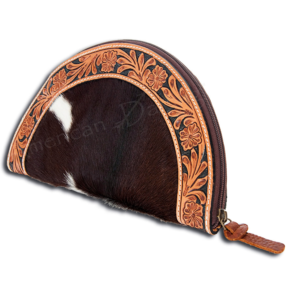 ADBG397 Taco-Shaped Hair-On Cowhide Leather Wristlet Western Tooled Genuine Leather Clutch