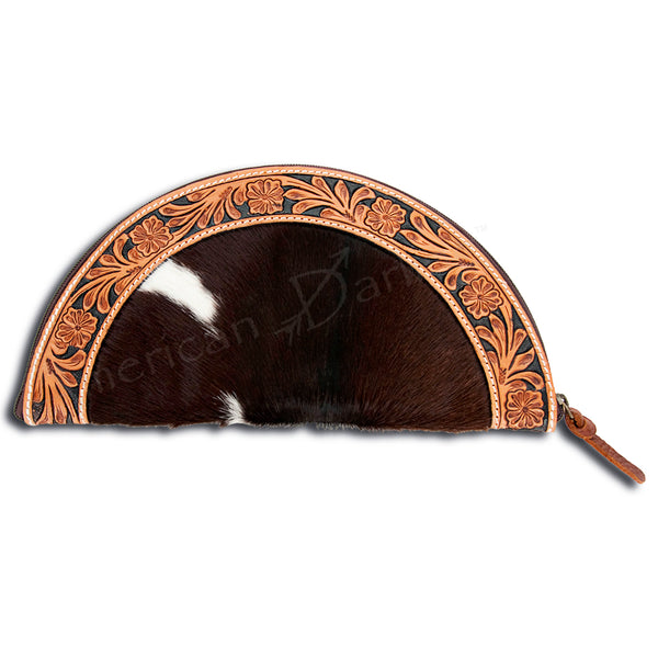 LC-ADBG397 Taco-Shaped Hair-On Cowhide Leather Wristlet Western Tooled Genuine Leather Clutch