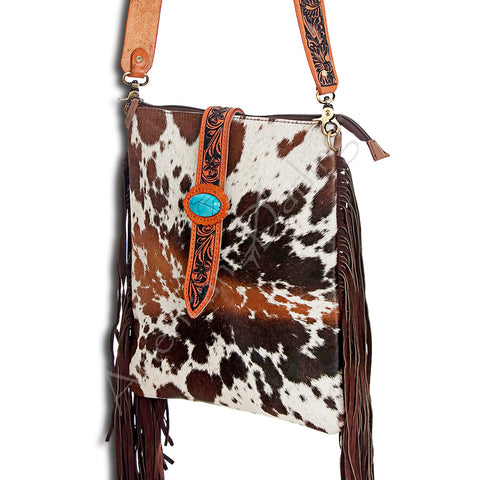 American Darling Western Large Cross body Bag - Hand Tooled Floral Leather & Hair-on Cowhide