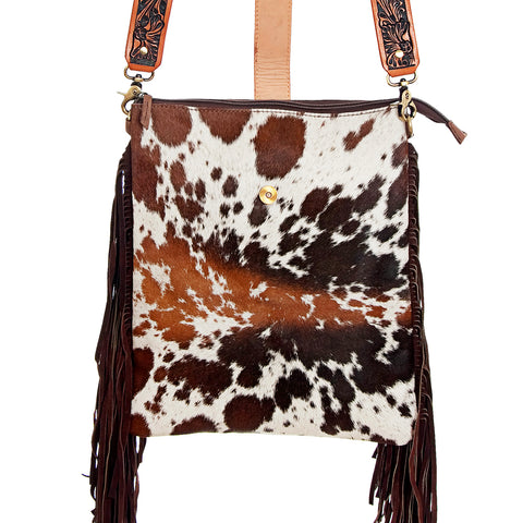 American Darling Western Large Cross body Bag - Hand Tooled Floral Leather & Hair-on Cowhide