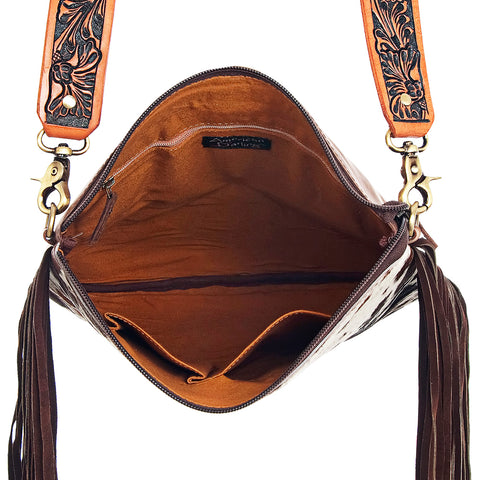 American Darling Western Large Cross body Bag - Hand Tooled Floral Leather & Hair-on Cowhide