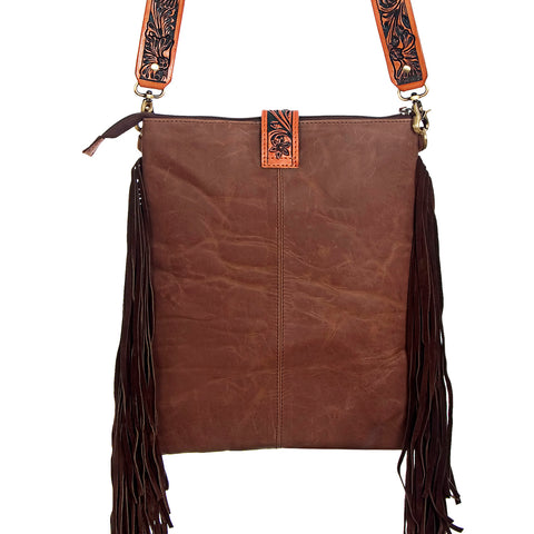 American Darling Western Large Cross body Bag - Hand Tooled Floral Leather & Hair-on Cowhide