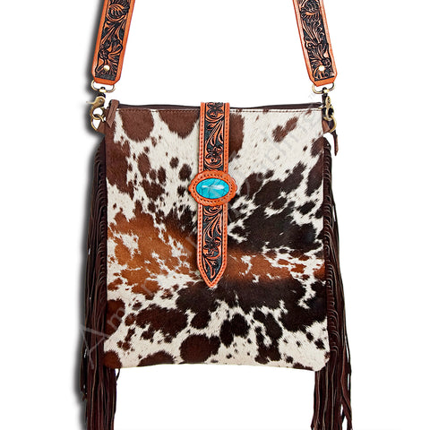 American Darling Western Large Cross body Bag - Hand Tooled Floral Leather & Hair-on Cowhide
