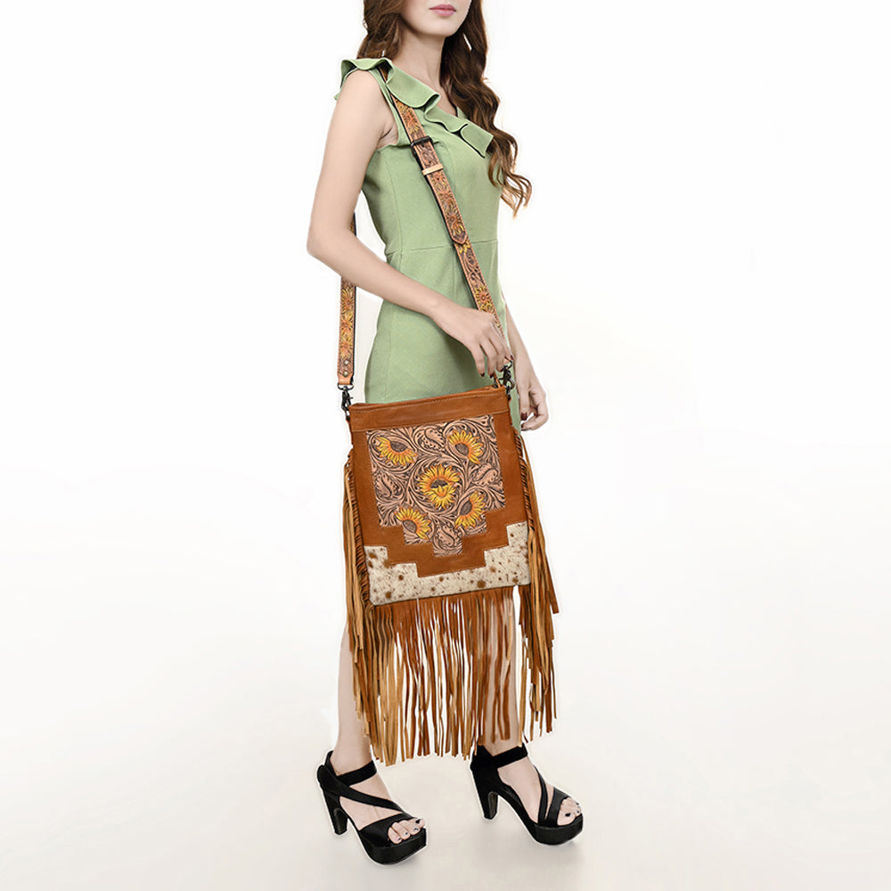 ADBG256 Tooled Leather & Cowhide Fringe Messenger Bag Western Boho Crossbody by American Darling
