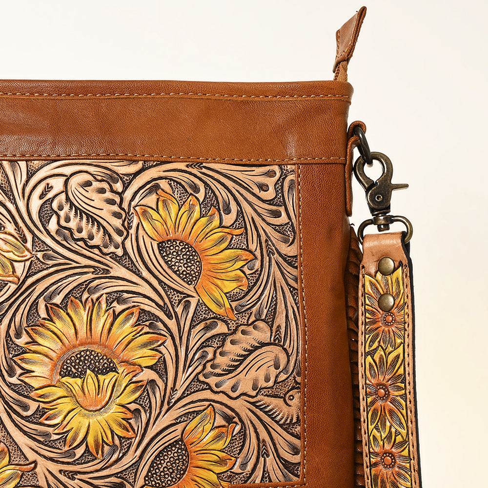 ADBG256 Tooled Leather & Cowhide Fringe Messenger Bag Western Boho Crossbody by American Darling