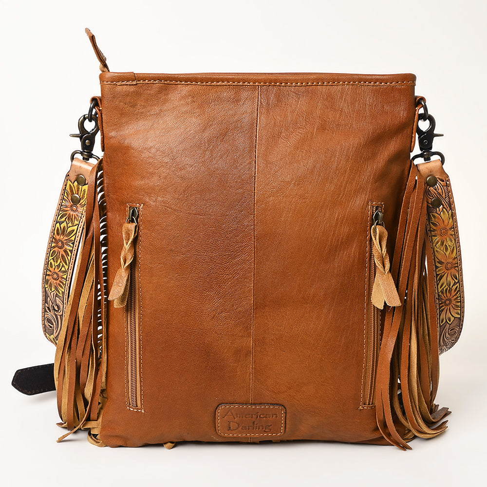 ADBG256 Tooled Leather & Cowhide Fringe Messenger Bag Western Boho Crossbody by American Darling