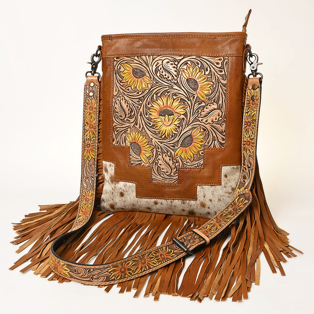 ADBG256 Tooled Leather & Cowhide Fringe Messenger Bag Western Boho Crossbody by American Darling
