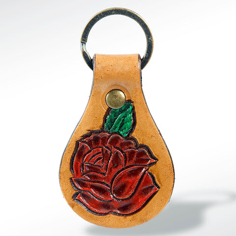 LC-ADKR157 Tooled Leather Keyring   Red Flower Design