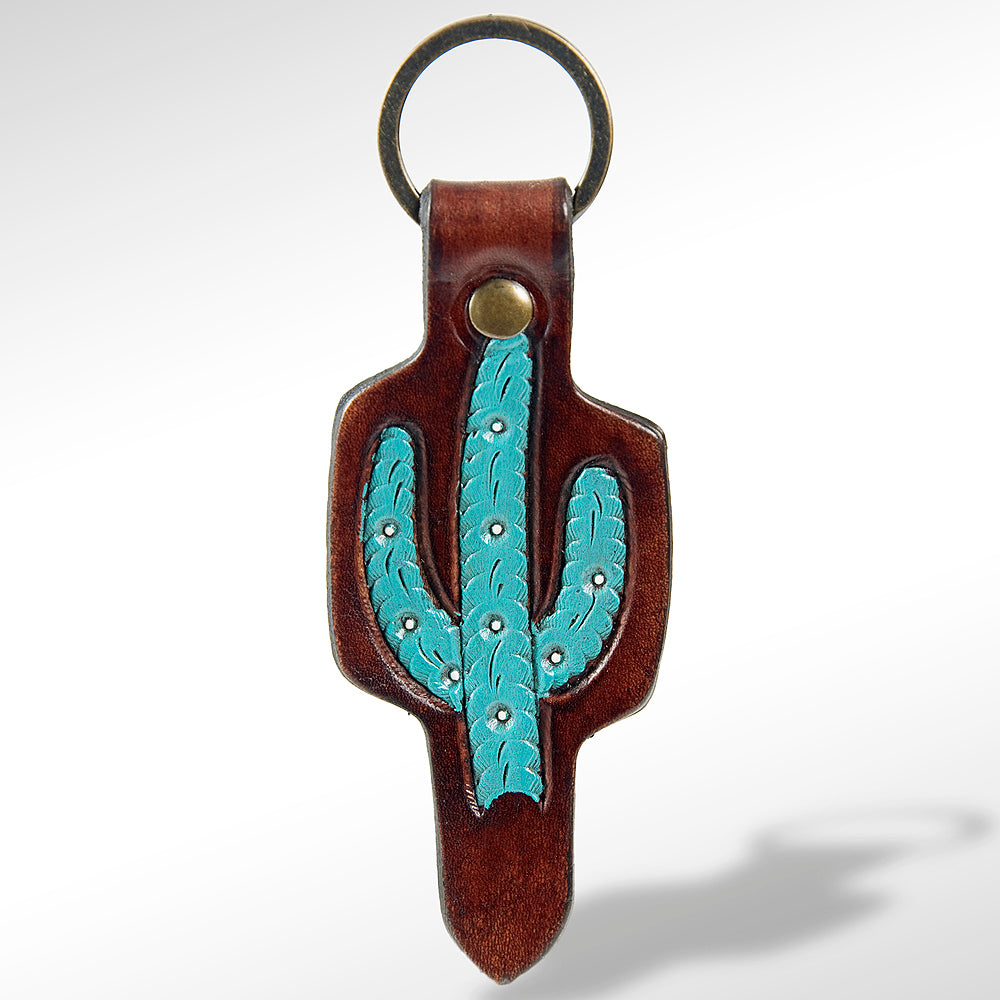 LC-ADKR163 Tooled Leather Turquoise Cactus keyring   Western Saguaro Design