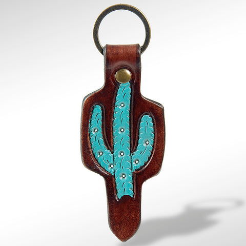 LC-ADKR163 Tooled Leather Turquoise Cactus keyring   Western Saguaro Design
