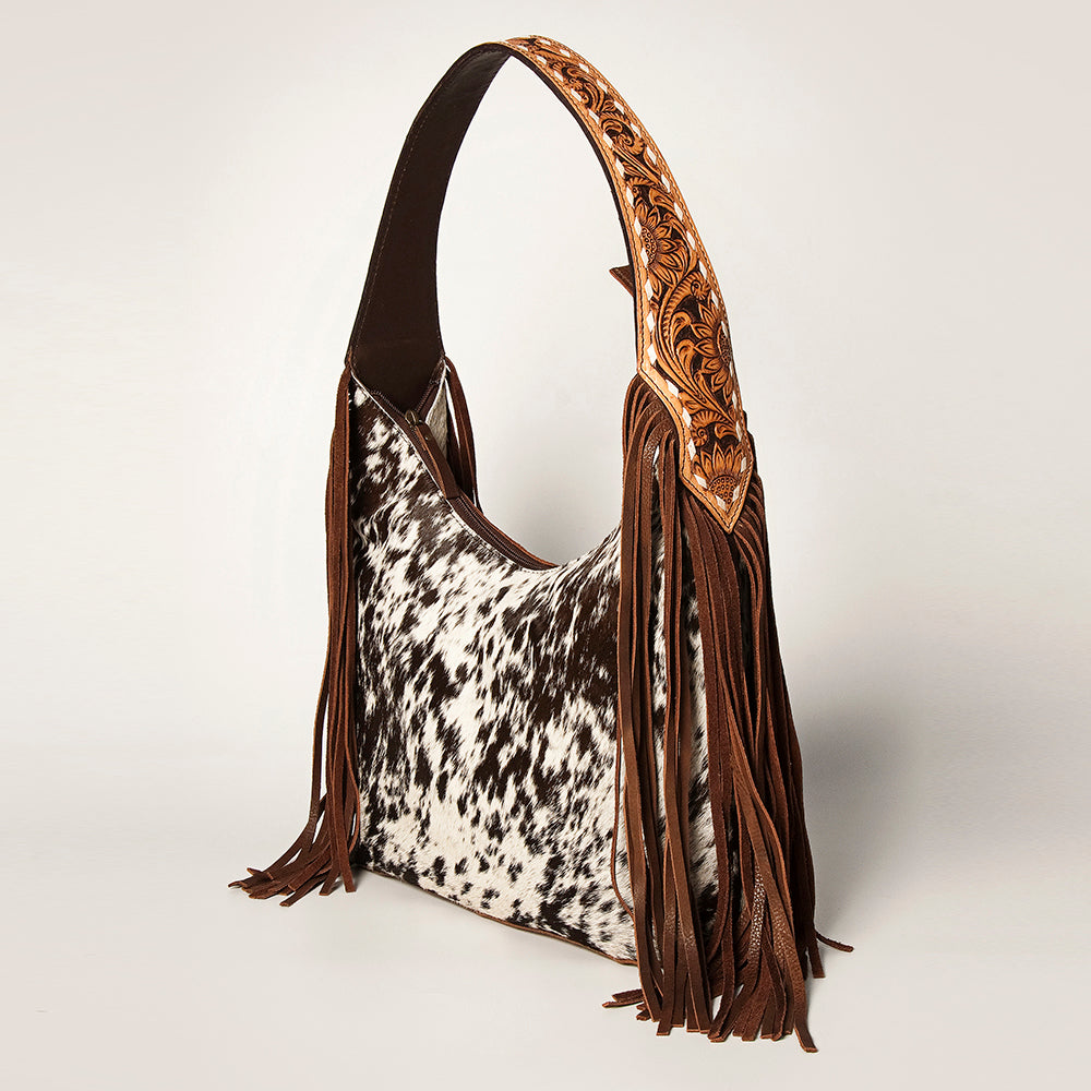 LC-ADBGI112 Sage Western Hobo Bag - Genuine Leather with Tan Hair-On Hide & Tooled Strap