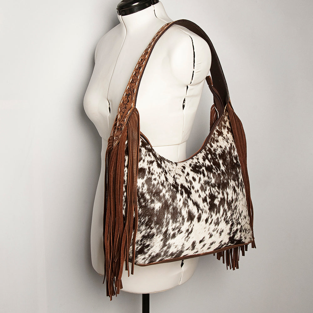 LC-ADBGI112 Sage Western Hobo Bag - Genuine Leather with Tan Hair-On Hide & Tooled Strap