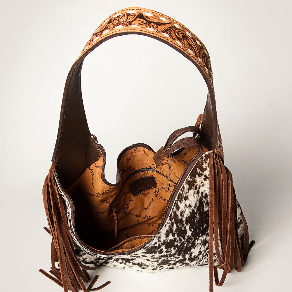 LC-ADBGI112 Sage Western Hobo Bag - Genuine Leather with Tan Hair-On Hide & Tooled Strap