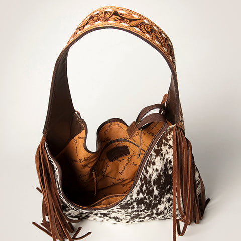 ADBGI112 Sage Western Hobo Bag - Genuine Leather with Tan Hair-On Hide & Tooled Strap